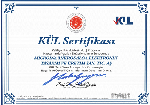 SSB-Secretariat of Defence Industries KÜL Certificate for Microina Phase Locked Dielectric Oscillators (PLDROs)
